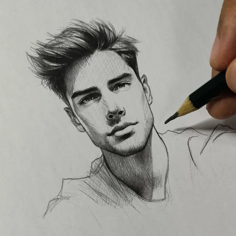 Retrato masculino desenhado a lápis por aluno do curso